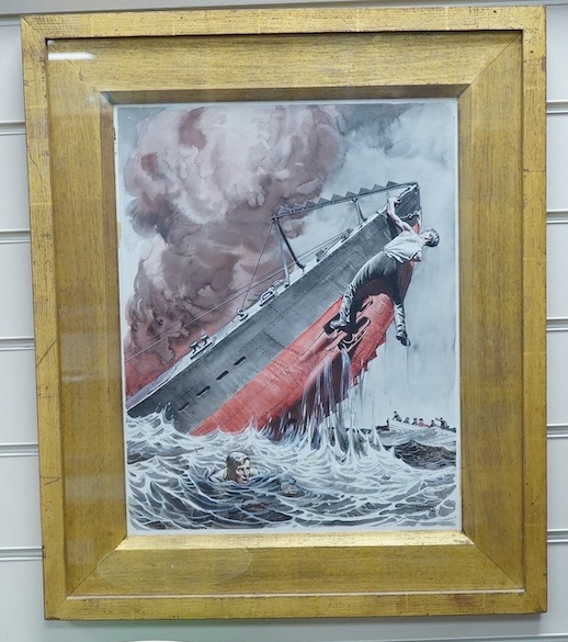 Raymond Sheppard (1913-1958), ink and watercolour illustration, Sinking warship and soldiers, signed, 40 x 30cm. Condition - good